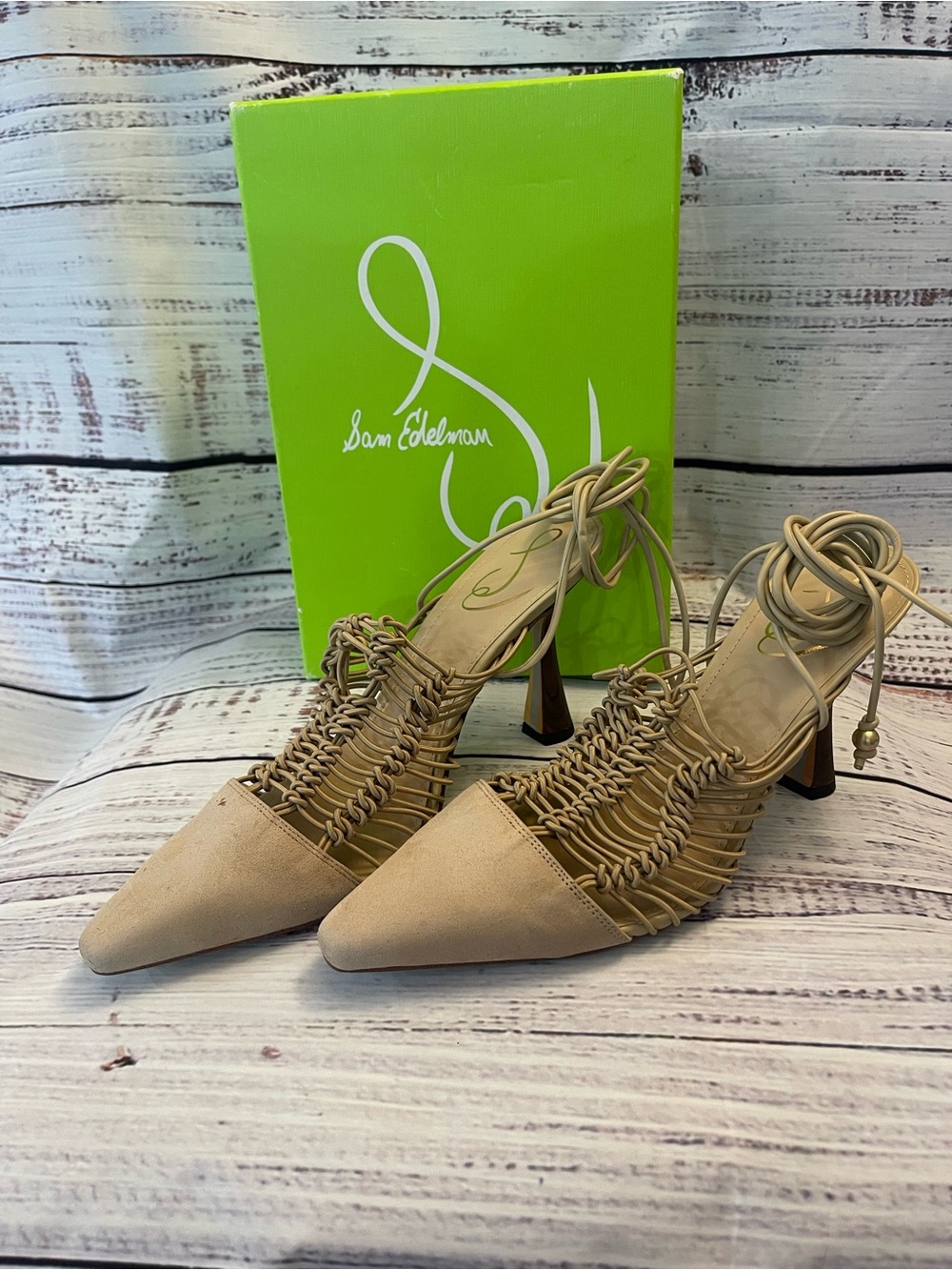 Sam Edelman Beige Woven Lace-Up Pointed Toe Heels